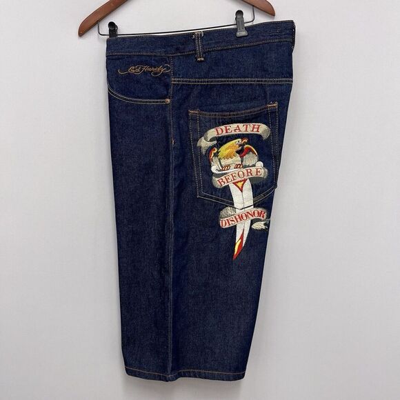 Ed Hardy Y2K Mens 38 Button Fly Wide Leg Jean 16" Shorts Embroidered Eagle Skull - Picture 7 of 12